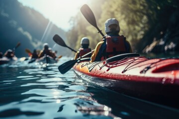 A group of people are pictured paddling down a river in kayaks. This image can be used to depict...