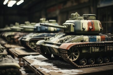 A row of tanks sitting on top of a wooden table. Perfect for military enthusiasts or toy collectors. - obrazy, fototapety, plakaty