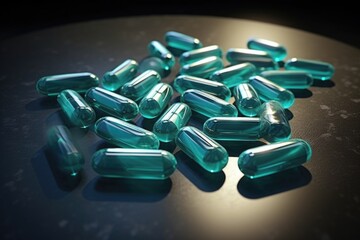 A pile of green pills sitting on top of a table. This image can be used to depict the concept of medication, healthcare, or drug abuse. - obrazy, fototapety, plakaty