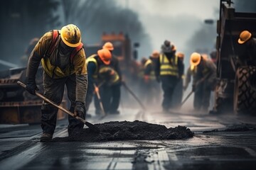A group of construction workers diligently working on a road. This image can be used to depict construction, infrastructure development, roadworks, or teamwork.