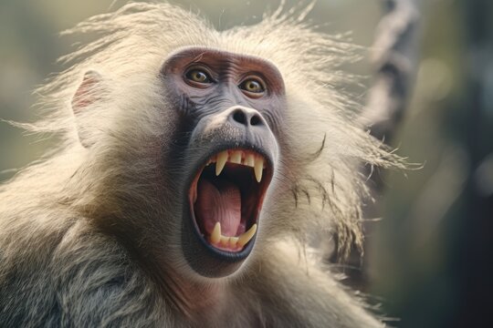 A close-up image of a monkey with its mouth open. This picture can be used to depict curiosity, surprise, or wildlife photography.