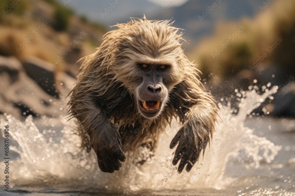 Poster A picture capturing the moment of a monkey running through a body of water. Perfect for nature and wildlife enthusiasts. .