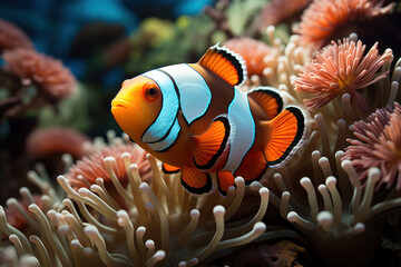 Naklejka na ściany i meble A clownfish swimming in an anemone, known for its amusing name and behaviors. Concept of animal humor. Generative Ai.