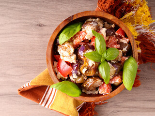 Aubergine, feta and tomato salad