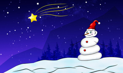 starry sky background snowman and shooting star