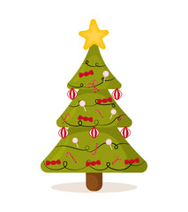 vector decorated christmas tree concept isolated on white background. Candy red toys, balls with bright star on spruce tree