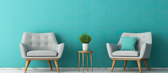 Modern armchairs and cyan wall in apartment With copyspace for text