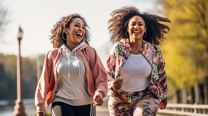 Happy Over Weight African American Female Friends Enjoying a Healthy Run In The Park Together. Generative AI. - obrazy, fototapety, plakaty