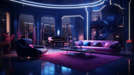 Obraz premium An immersive perspective of a studio room's interior, elegantly illuminated by neon lights, accentuating its lavish design and architectural beauty