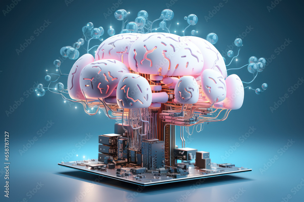 Poster a brain icon integrated with a cloud, symbolizing the concept of cloud-based computing and data stor