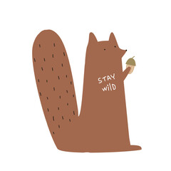 Funny squirrel with acorn. Kids graphic. Vector hand drawn illustration.