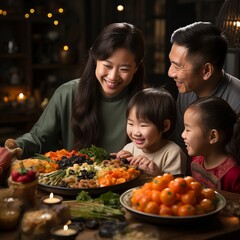 Naklejka premium Family at the New Year's table. Happy people having a festive Christmas dinner.