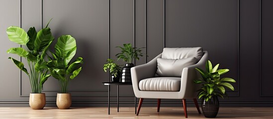 Tropical living room with a vintage gray armchair plants wooden floor and black rack With copyspace for text