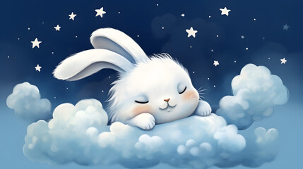 cute little bunny rabbit sleeping on a cloud watercolor drawing. - Powered by Adobe