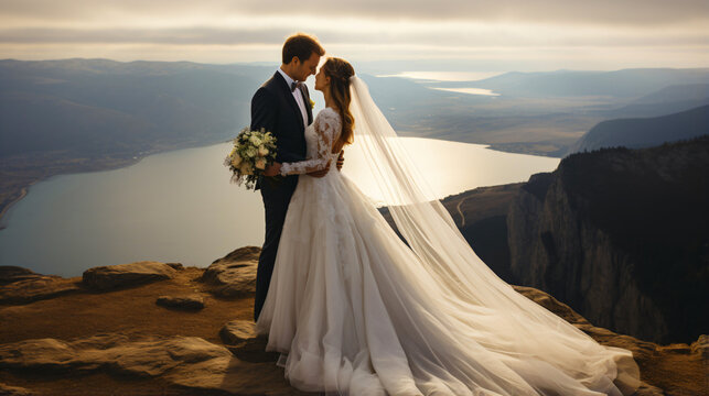 bride and groom kissing on a rocky outcrop in the high mountains 