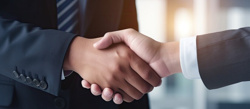 Happy business partners collaborate after contract agreement concluding a meeting with a handshake With copyspace for text