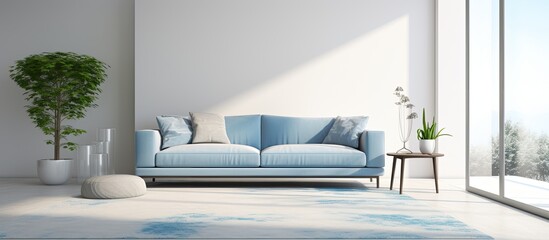 Blue rug sleek sofa and large window in a contemporary living room seen from a side angle With copyspace for text
