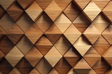 Triangular timber wall made of 3D tiles, with a wooden background constructed from natural blocks. Generative AI