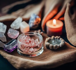 Handmade Basket with Healing Crystals and Scented Candle - Calming Atmosphere, Holistic Well-being, Home Decor, Aesthetic, Mindfulness, Serenity, Relaxation, Interior Design, Cozy, Artisan Craft