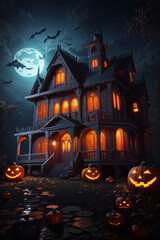 Fototapeta na wymiar A house with pumpkins and bats 