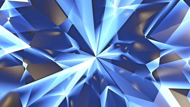 Blue beams radiating from centre, transforming and making winter patterns. Spots of lights emerging, dancing on broken mirror. Bright blinking on abstract crystal background. 4K UHD 4096x2304