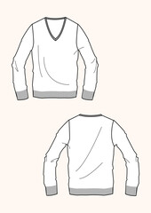 Man Sweater V neck b flat sketch fashion illustration with front and back view. Drawing vector template mock up