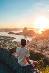 person sitting on the top of the mountain in rio de janeiro - obrazy, fototapety, plakaty