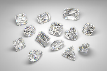 Scattering of diamonds of various cuts on a white background. Exhibition of precious stones. Beautiful cut. 3d rendering.