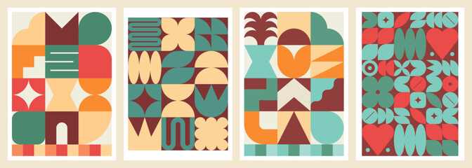 Bauhaus poster set with minimalist and colorful shapes, Mid-century modern inspired geometric patterns, Abstract flat vector illustrations