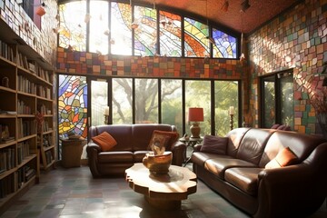 Vibrant living room arrays leather loveseats, mosaic wall, and abundant sunlight. Generative AI