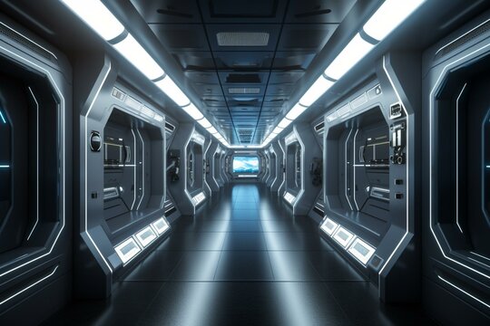 Corridor inside a modern spaceship. Generative AI