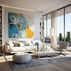 Modern living room interior with white sofa, coffee table and paintings on wall. 3d render