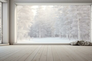 Room with snowy forest view, window, wooden floor. Generative AI
