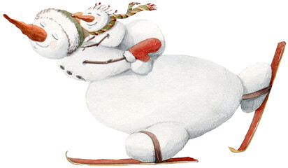 PNG Christmas illustration with funny snowman. Perfect for cards, posters, stickers. Hand drawn watercolor illustration.