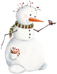PNG Christmas illustration with funny snowman. Perfect for cards, posters, stickers. Hand drawn watercolor illustration. - 658790545