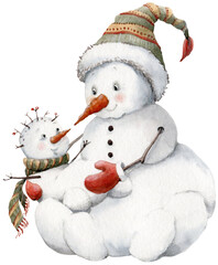 PNG Christmas illustration with funny snowman. Perfect for cards, posters, stickers. Hand drawn watercolor illustration. - 658790582