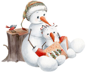 PNG Christmas illustration with funny snowman. Perfect for cards, posters, stickers. Hand drawn watercolor illustration. - 658790592