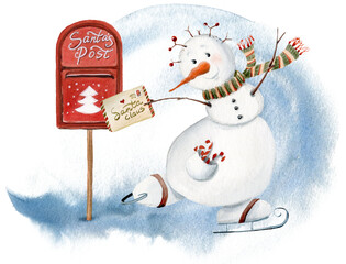 PNG Christmas illustration with funny snowman. Perfect for cards, posters, stickers. Hand drawn watercolor illustration.