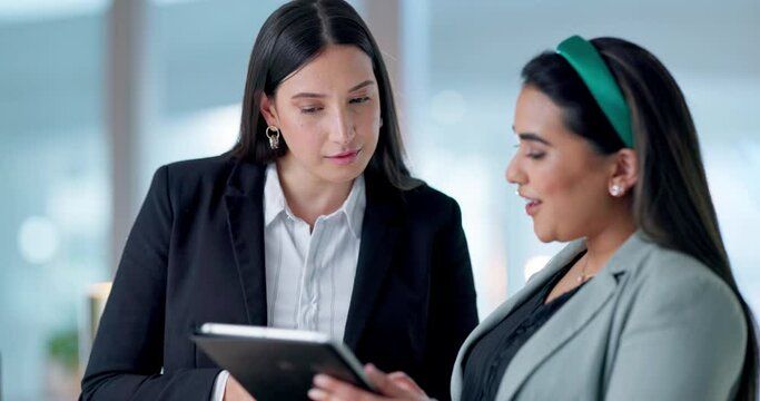 Women, teamwork and tablet, discussion or meeting with app development or company website with tech. Overtime, deadline and communication with collaboration of ideas and planning for web launch