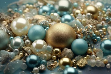 Luxurious background with shimmering aqua and olive colors, featuring defocused glitter, macro drops, and jewelry beads in dusty blue, gold, and pearl. Generative AI