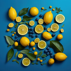 Creative layout made of yellow quince fruits on blue background. Flat lay, top view.