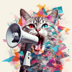 Art collage. A crazy cat with a megaphone. Promotion, action, ad, job questions, discussion. Business concept, communication