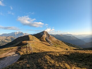 Beautiful landscape of Italian dolomites-with mountain meadows,lakes and rocky and sharp mountain tops,Dolomite Alps mountains, Trentino Alto Adige region, Sudtirol, Dolomites, Italy