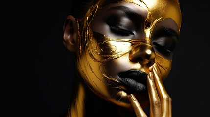 Stylish face art girl looks at camera. Golden glamorous makeup, gold paint on body, skin, hands.