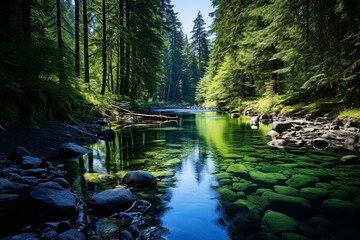 Beautiful nature landscape in Eden Grove, Port Renfrew, Vancouver Island, British Columbia, Canada. Generative AI - obrazy, fototapety, plakaty