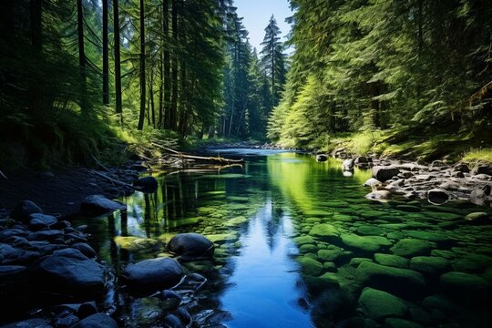 Beautiful nature landscape in Eden Grove, Port Renfrew, Vancouver Island, British Columbia, Canada. Generative AI
