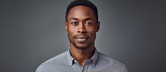 Happy African American man with myasthenia gravis disease and dark skinned office worker with ptosis syndrome featured in professional headshots for inclusion banner campaign With copyspace