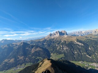 Obraz premium Beautiful landscape Italian dolomites aerial view-with mountain meadows,lakes and rocky and sharp mountain tops,Dolomite Alps mountains, anazei,Piz Boe ,Trentino,Alto Adige,Sudtirol, Dolomites,Italy