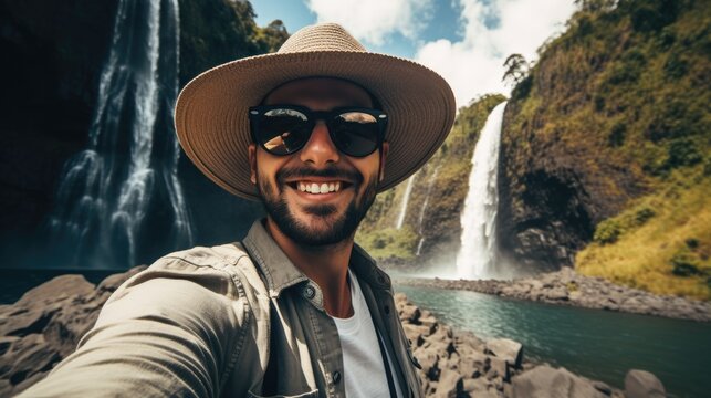laughing male tourist visiting national park taking selfie picture in front of waterfall
