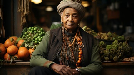 An old indian woman sitting in front of a colorful display of fresh fruits and vegetables at a local market - obrazy, fototapety, plakaty